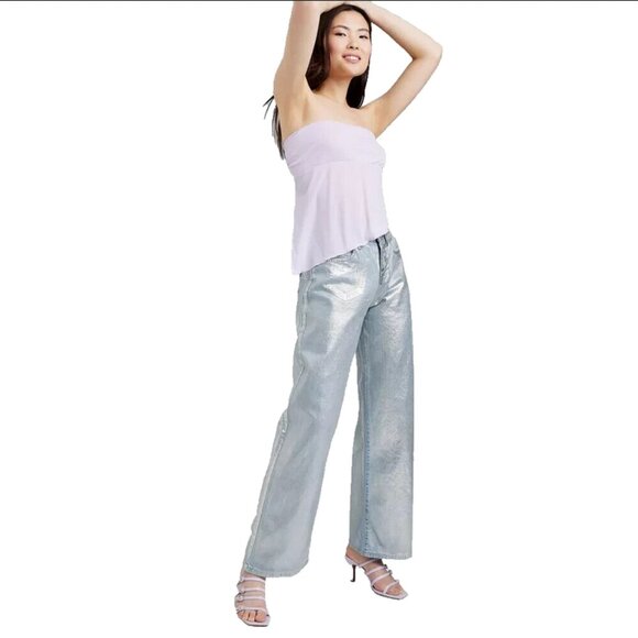 Women's High-Rise Wide Leg Coated Baggy Jeans - Wild Fable Silver Metallic 0 R - Picture 1 of 3